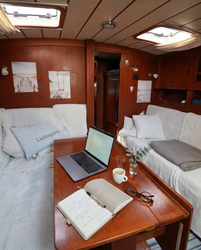 Laptop, Kaffee und Notizbuch — Arbeitsplatz auf der Segelyacht